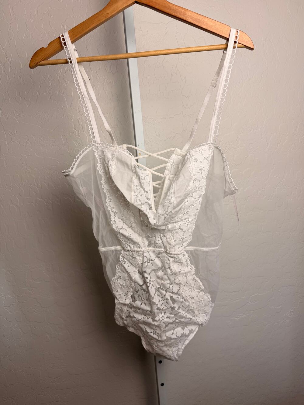 Auden White Lace Mesh Teddy Bodysuit XL Cowl Neck Lace Up Back Lingerie NWT